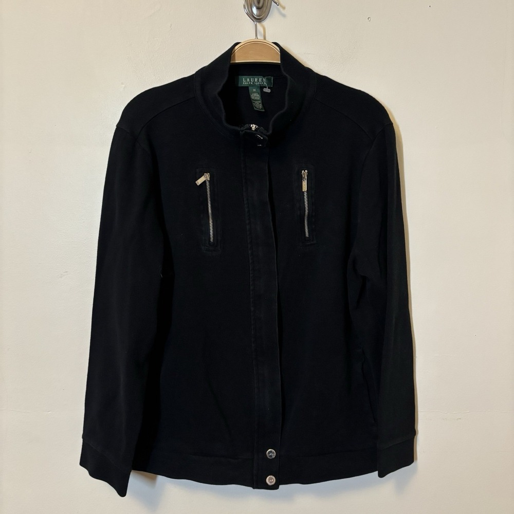 Lauren Ralph Lauren Women's Full Zip Cotton Knit Jacket Black 1X Preppy